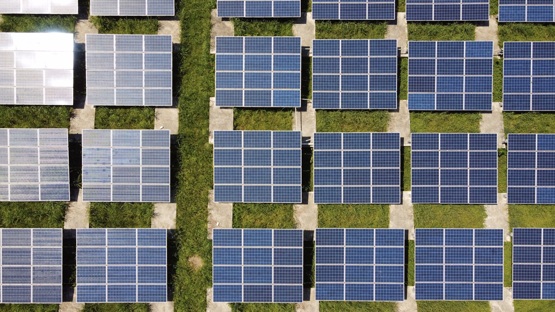 Rows of commercial-scale solar panels seen from above